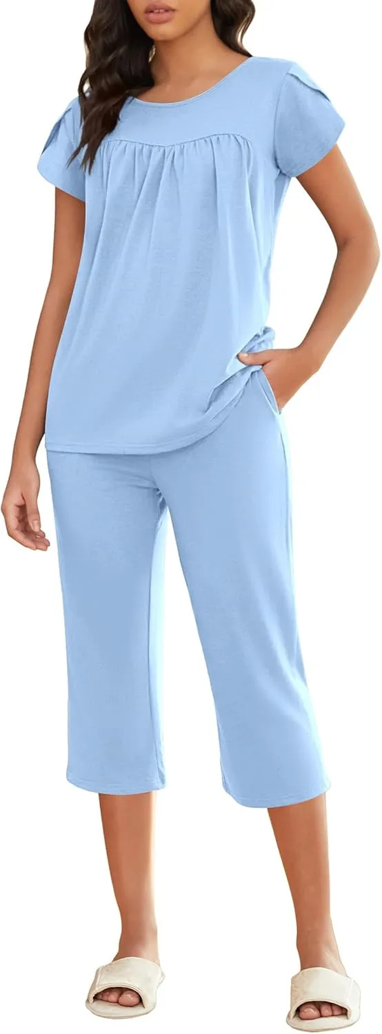 Ekouaer Capri Cotton Pajama Sets Short Sleeve Pleated Top and Pants 2 Piece Pjs Sleepwear with Pockets for Women