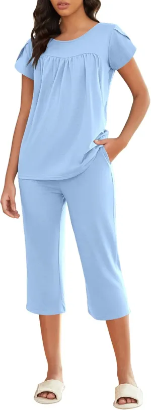 Ekouaer Capri Cotton Pajama Sets Short Sleeve Pleated Top and Pants 2 Piece Pjs Sleepwear with Pockets for Women