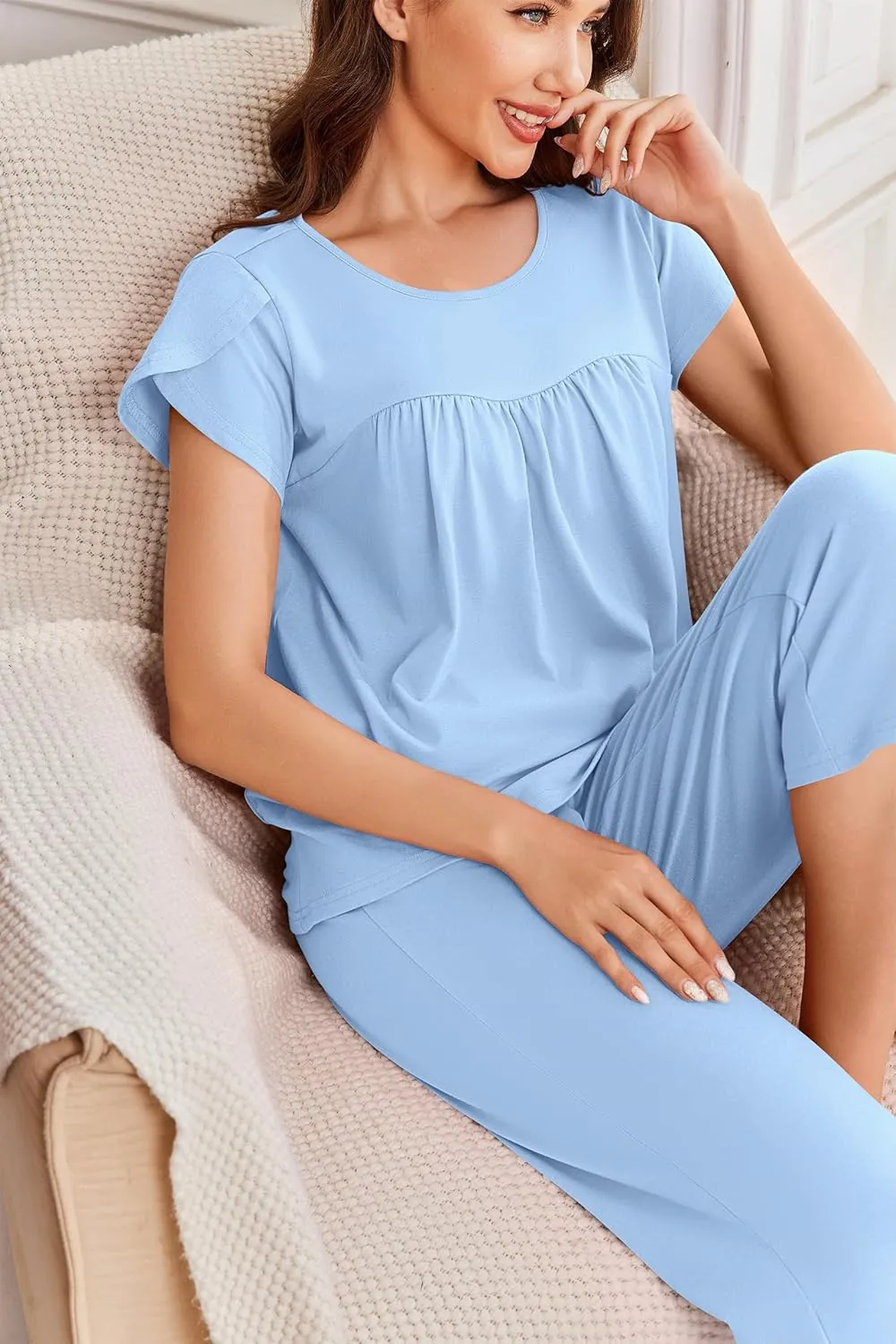 Ekouaer Capri Cotton Pajama Sets Short Sleeve Pleated Top and Pants 2 Piece Pjs Sleepwear with Pockets for Women