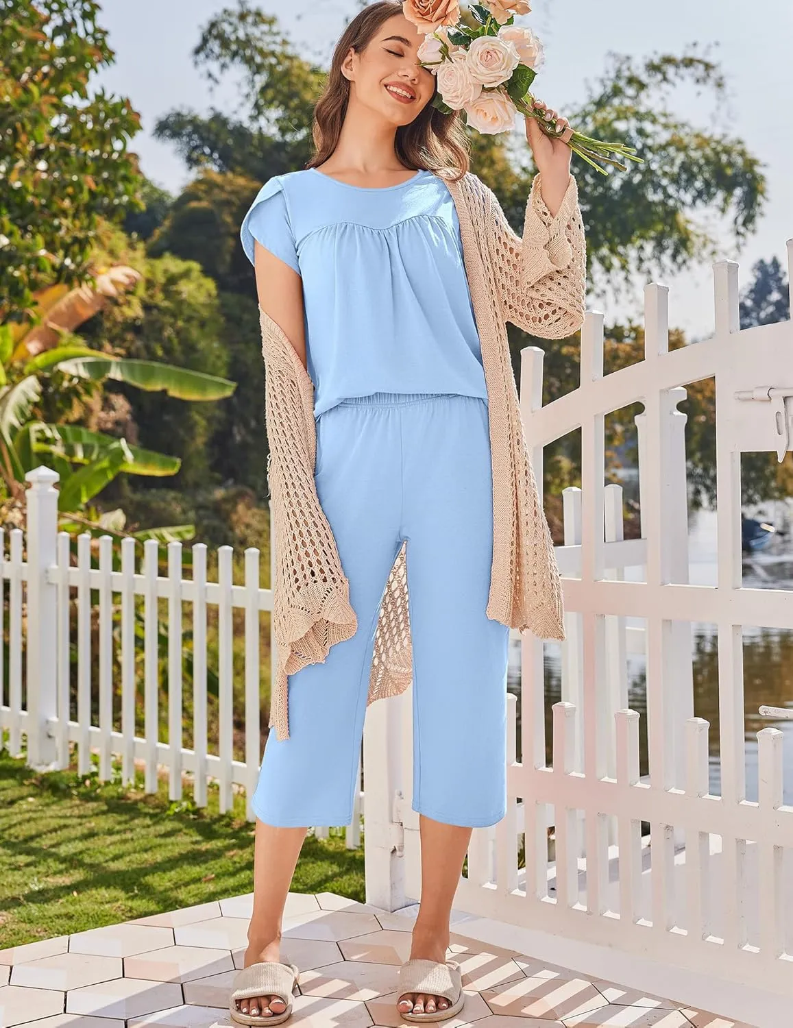 Ekouaer Capri Cotton Pajama Sets Short Sleeve Pleated Top and Pants 2 Piece Pjs Sleepwear with Pockets for Women