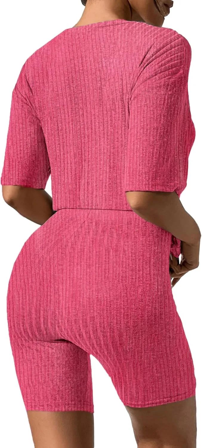 Ekouaer Pajamas 2 Piece Lounge Sets Ribbed Knit Matching Outfits T-shirt Biker Shorts Sleepwear Loungewear Sweatsuits
