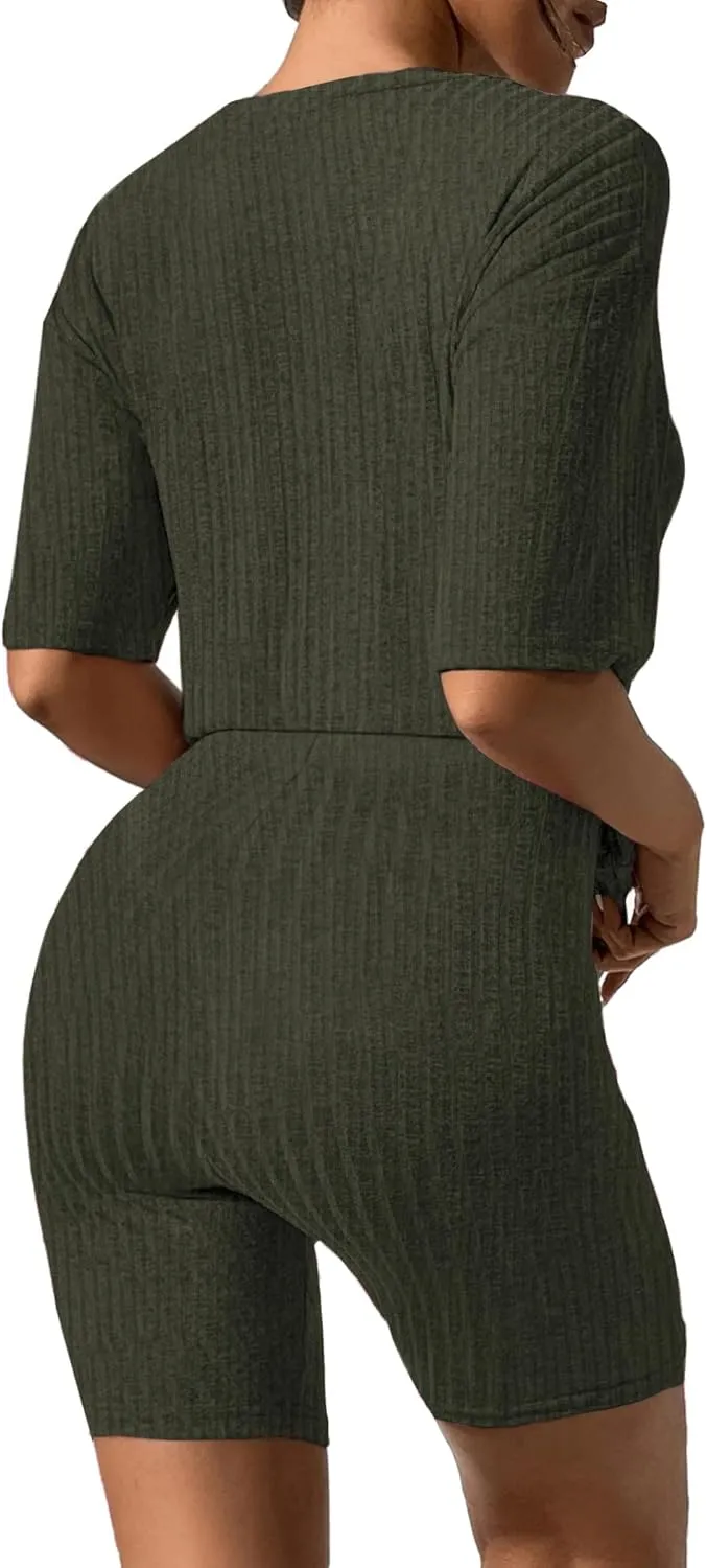Ekouaer Pajamas 2 Piece Lounge Sets Ribbed Knit Matching Outfits T-shirt Biker Shorts Sleepwear Loungewear Sweatsuits