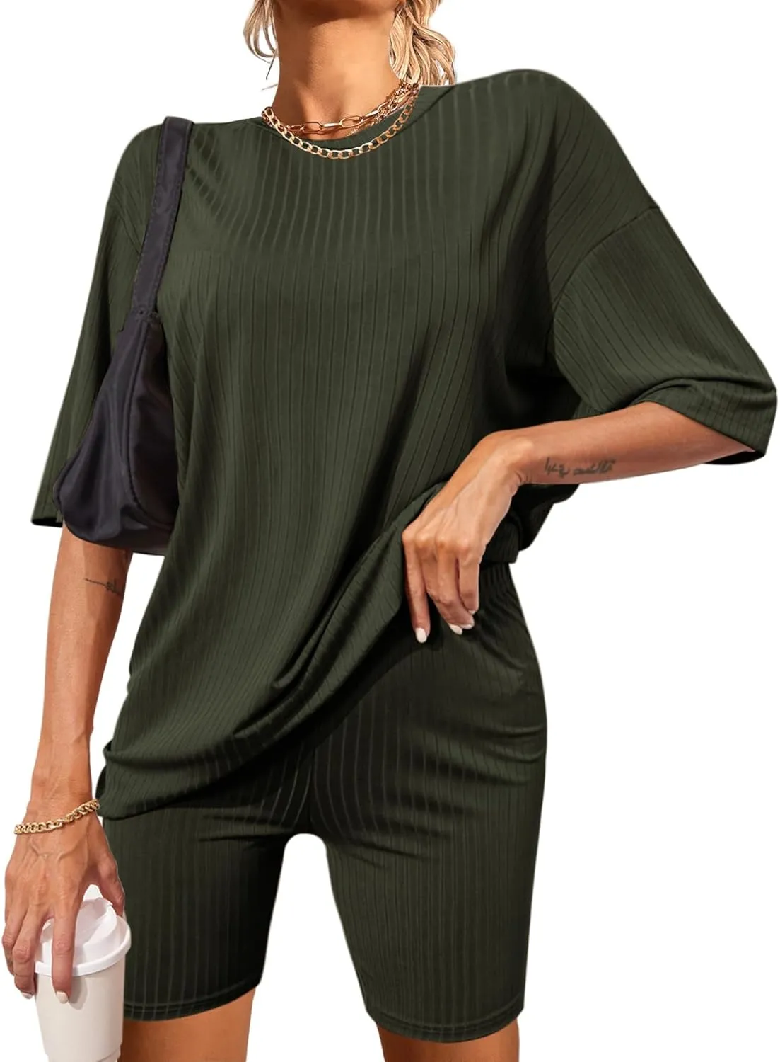 Ekouaer Pajamas 2 Piece Lounge Sets Ribbed Knit Matching Outfits T-shirt Biker Shorts Sleepwear Loungewear Sweatsuits