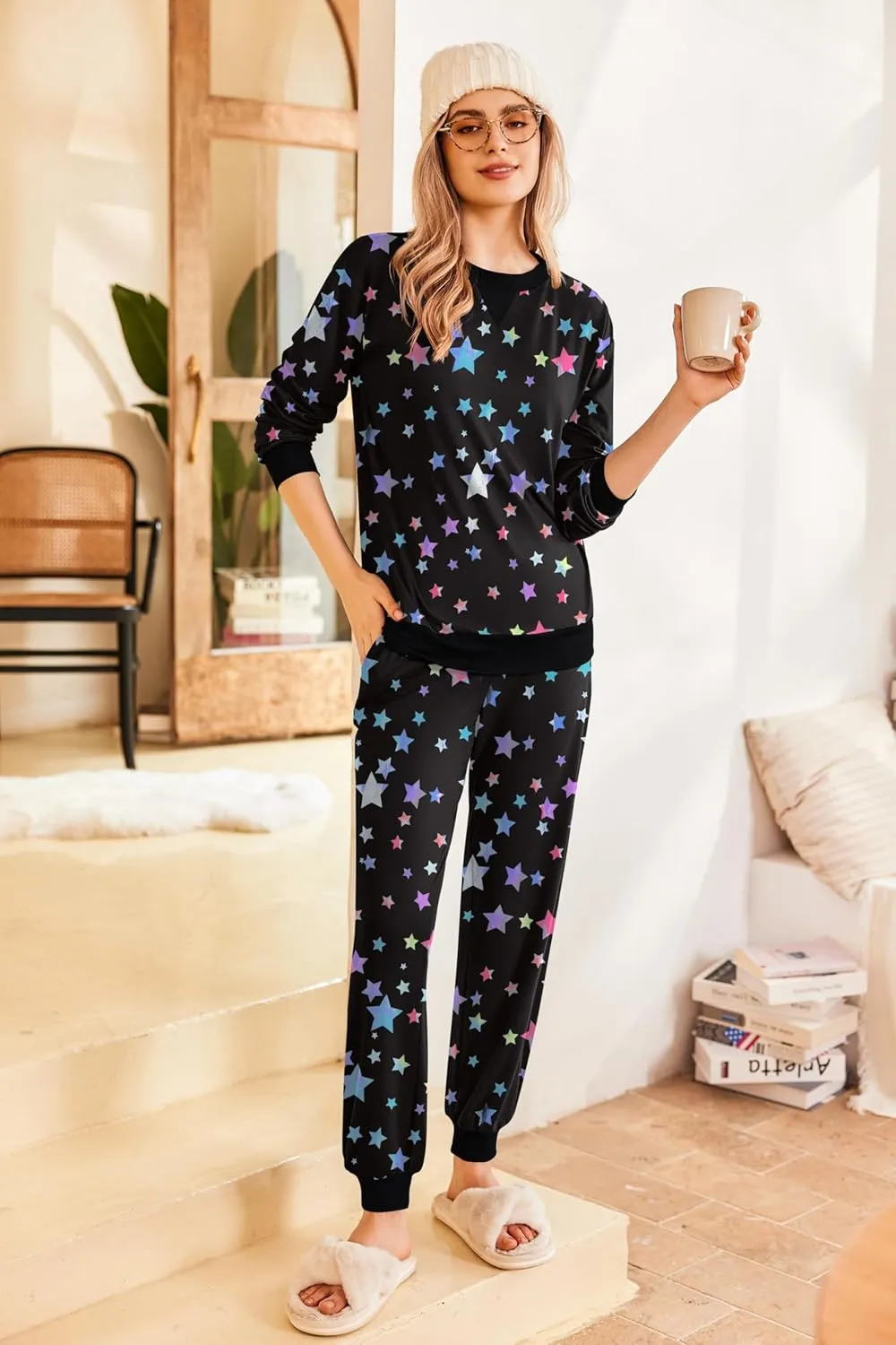 Ekouaer Pajamas Set Long Sleeve Pj Sets 2 Piece Jogger Pajama Sets Soft Sleepwear Loungewear for Women