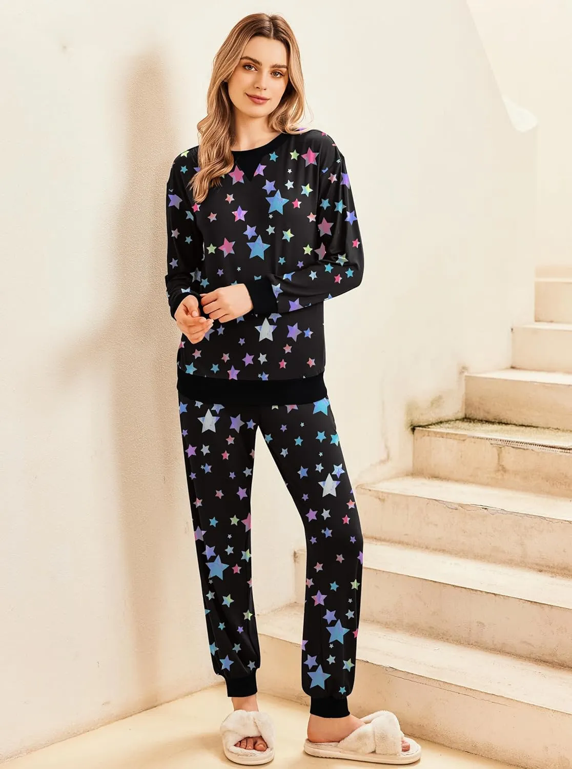 Ekouaer Pajamas Set Long Sleeve Pj Sets 2 Piece Jogger Pajama Sets Soft Sleepwear Loungewear for Women