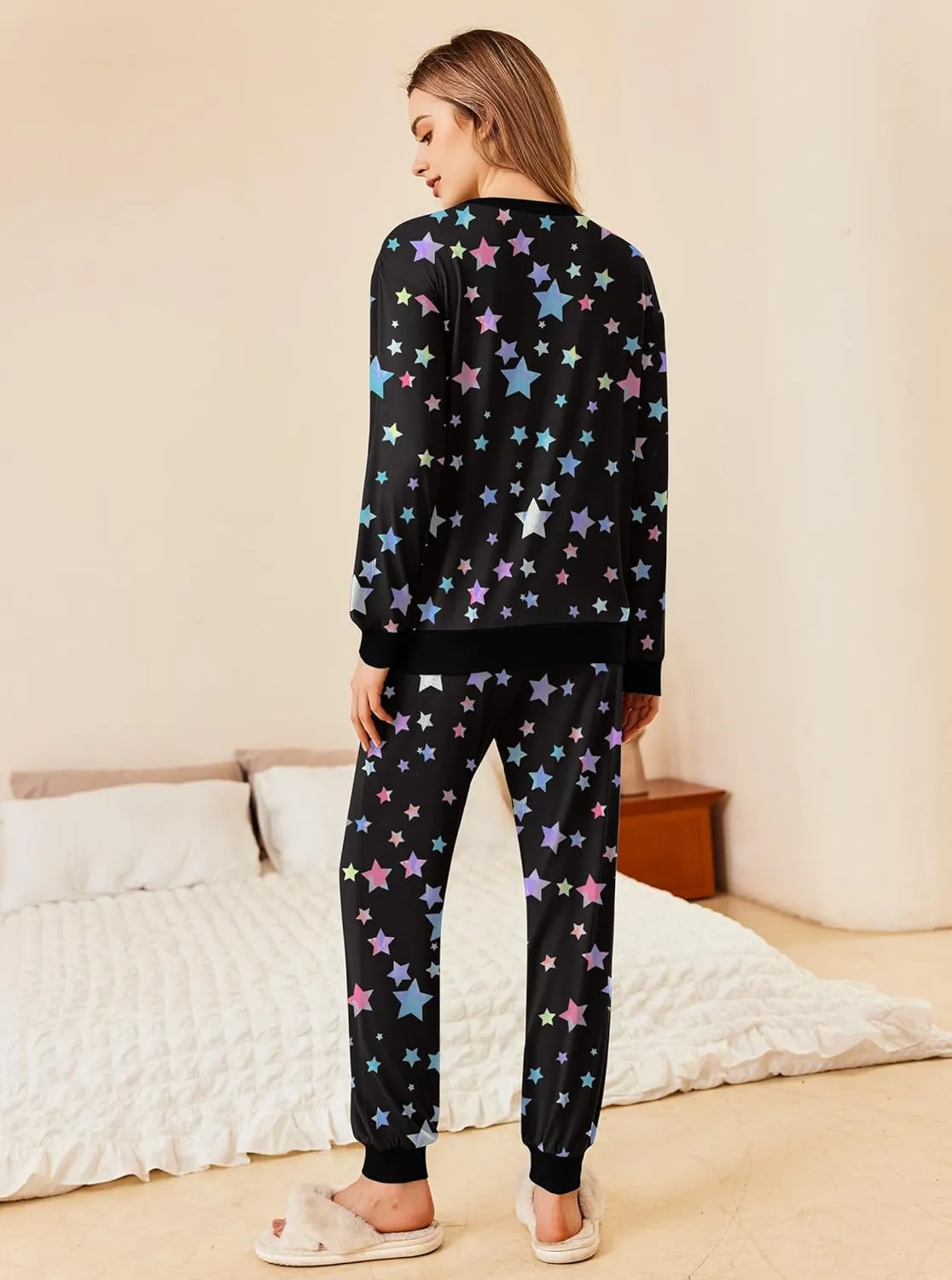 Ekouaer Pajamas Set Long Sleeve Pj Sets 2 Piece Jogger Pajama Sets Soft Sleepwear Loungewear for Women