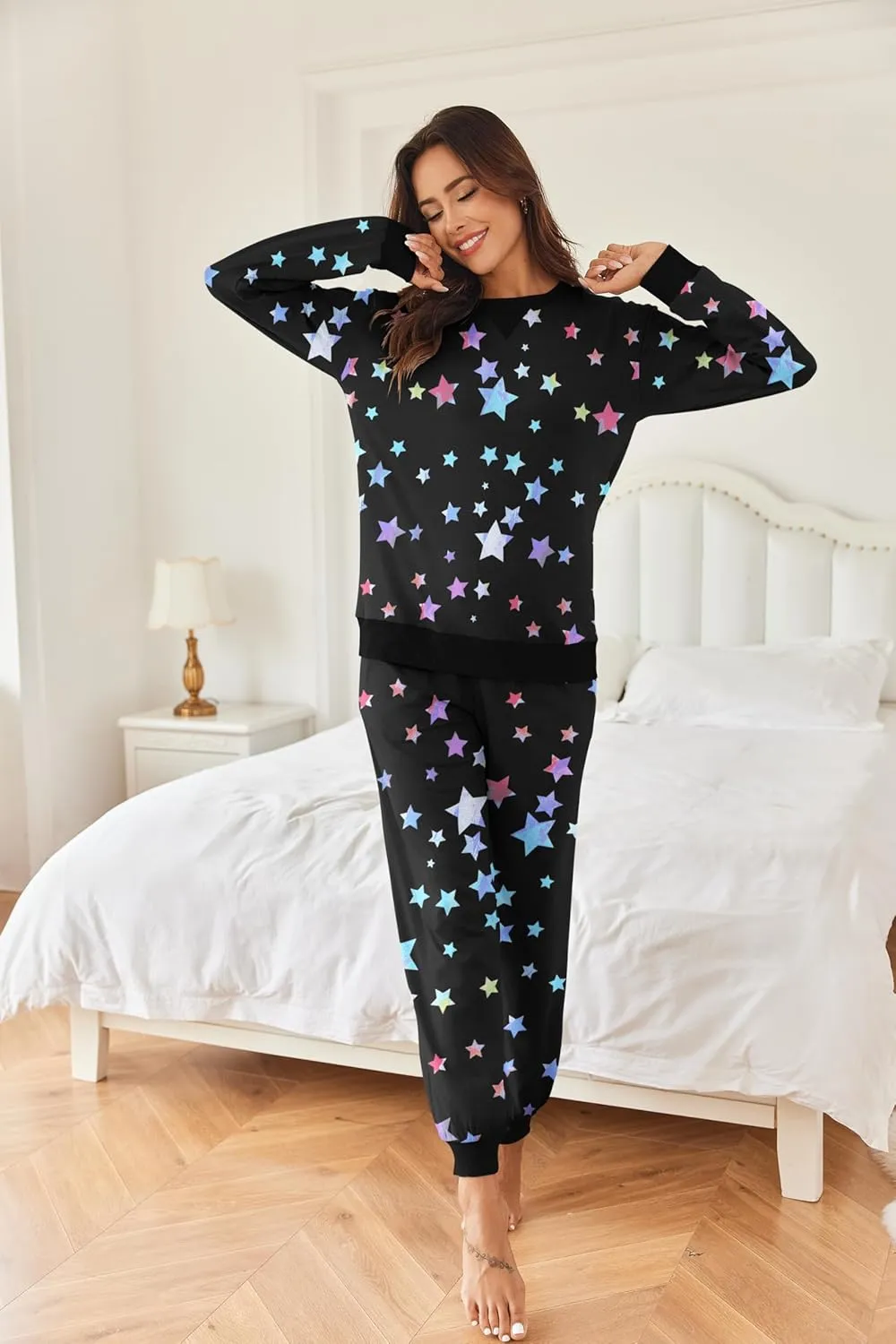 Ekouaer Pajamas Set Long Sleeve Pj Sets 2 Piece Jogger Pajama Sets Soft Sleepwear Loungewear for Women