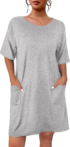 Ekouaer Sleep Shirts for Women Nightgown Short Sleeves T shirt Night Dress Round Neck Womans Nightgown with Pocket S-XXL