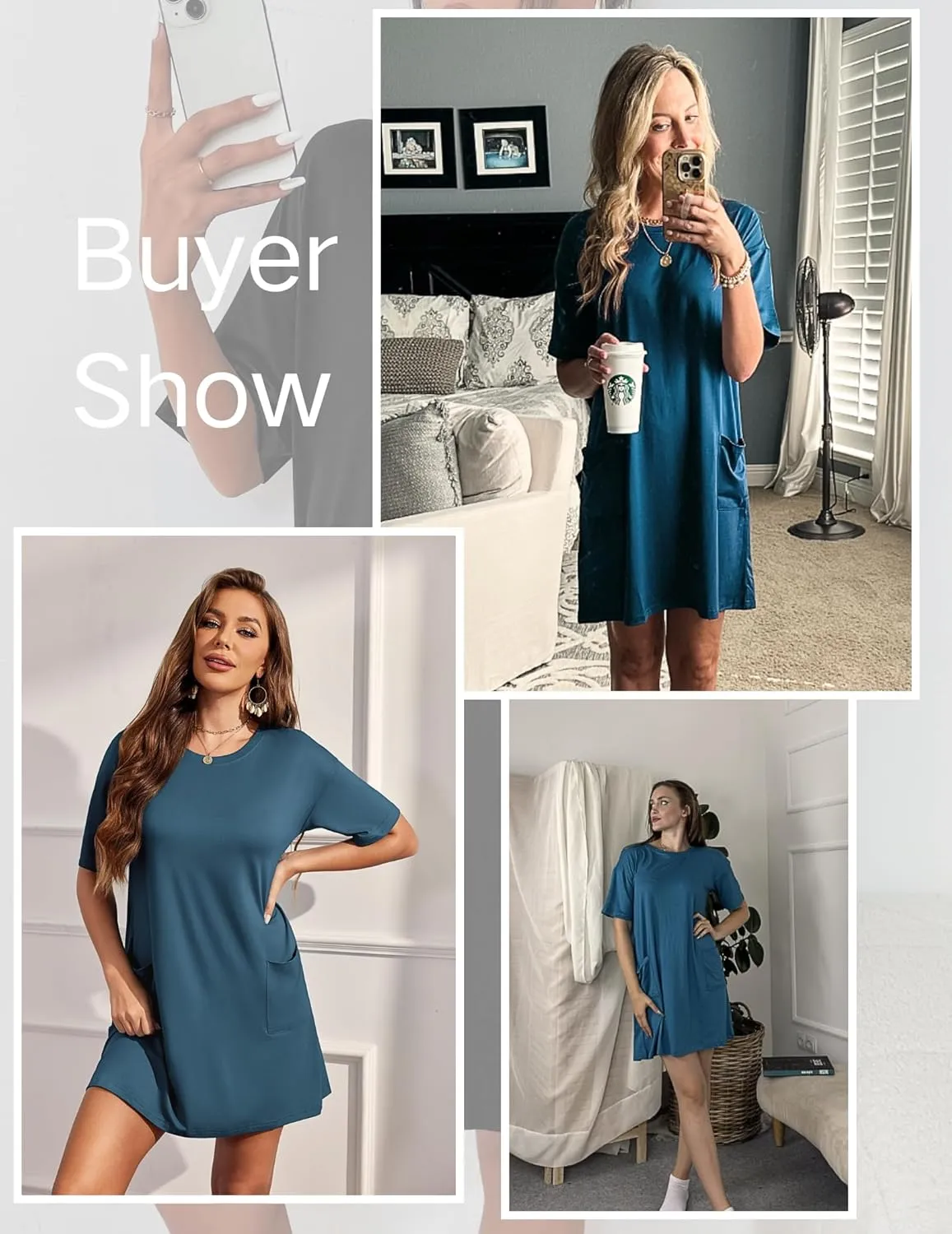 Ekouaer Sleep Shirts for Women Nightgown Short Sleeves T shirt Night Dress Round Neck Womans Nightgown with Pocket S-XXL