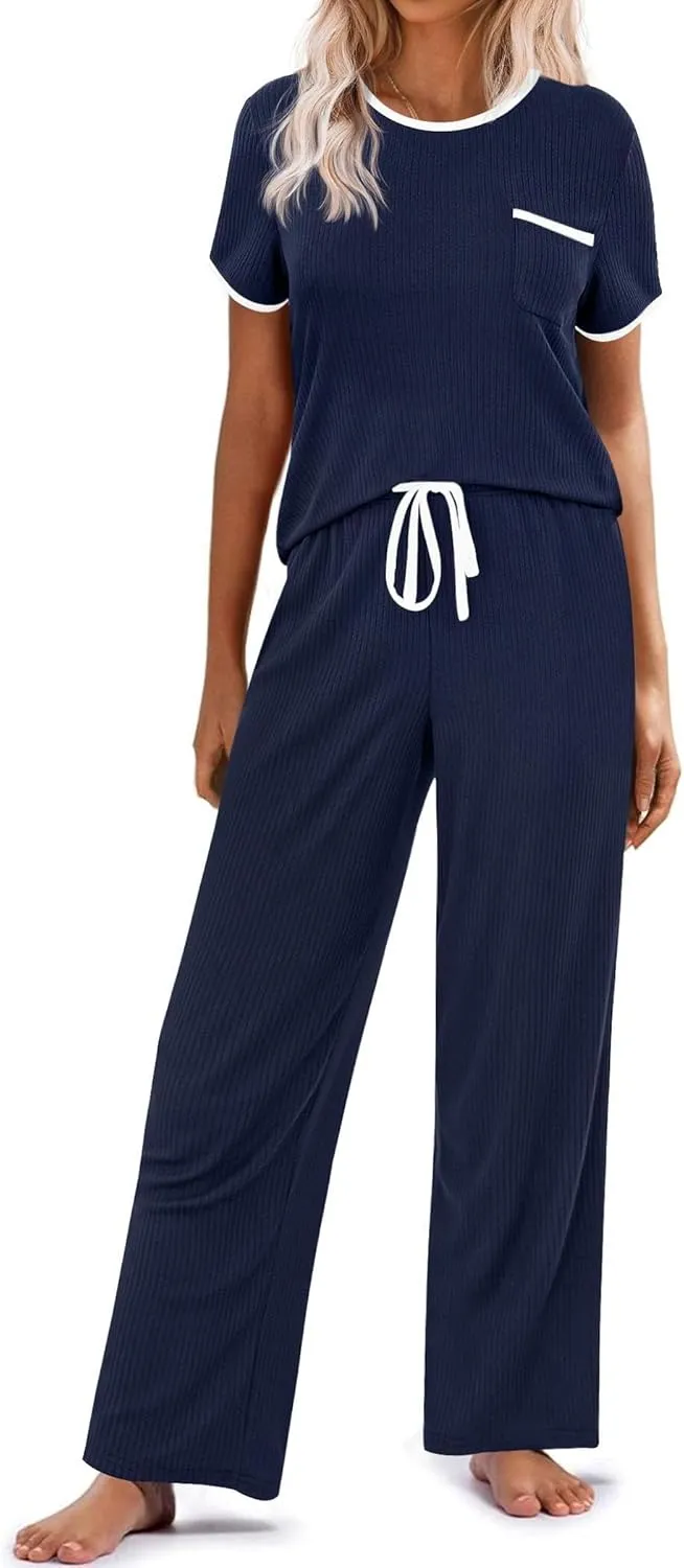 Ekouaer Women Lounge Pajamas Sets Ribbed Knit PJ Short Sleeve and Long Pajama Pant Soft 2 Piece Sleepwear Loungwear Set
