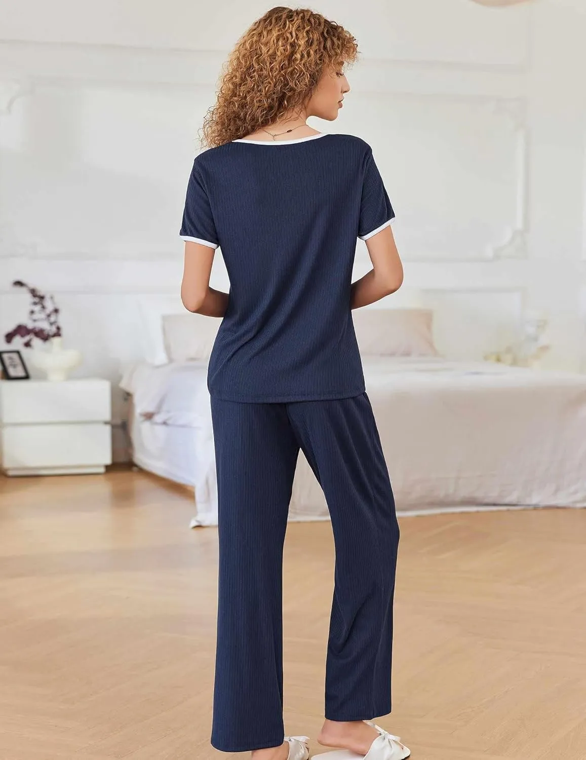 Ekouaer Women Lounge Pajamas Sets Ribbed Knit PJ Short Sleeve and Long Pajama Pant Soft 2 Piece Sleepwear Loungwear Set