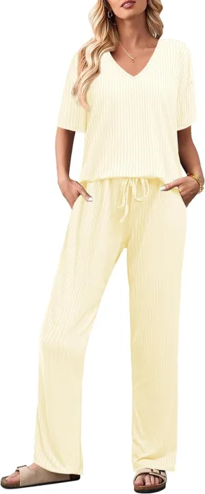 Ekouaer Women's 2 Piece Lounge Set Casual Summer Outfits Ribbed Short Sleeve & Wide Leg Pants Matching Set for Travel Home