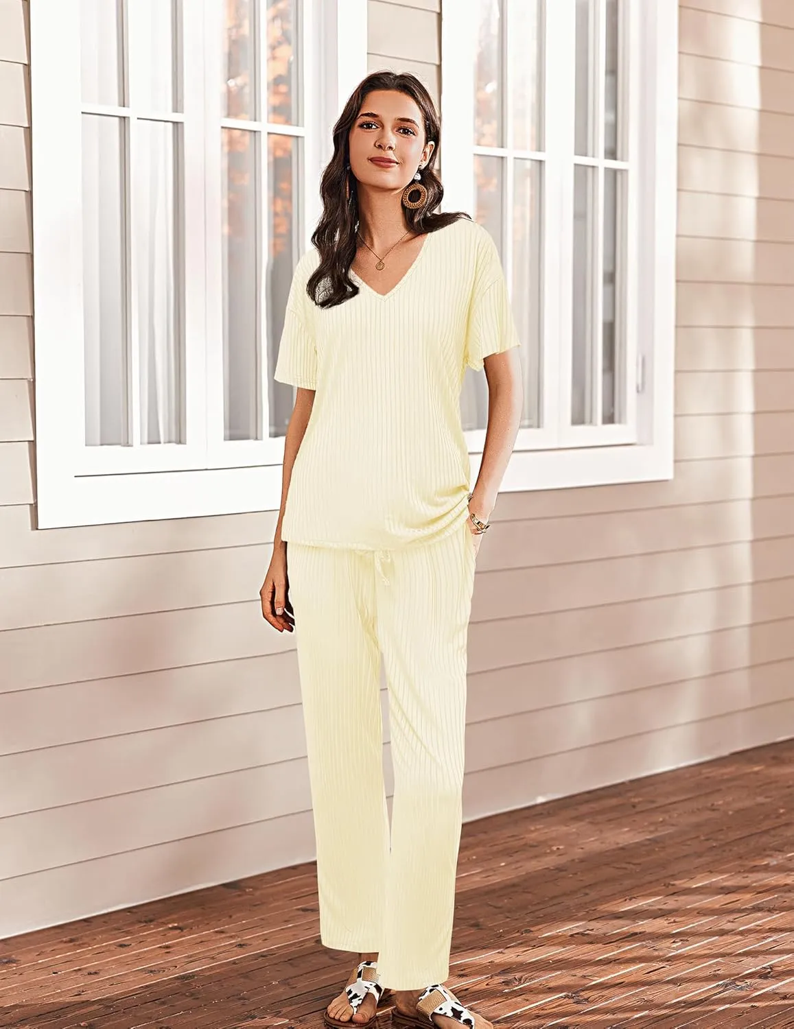 Ekouaer Women's 2 Piece Lounge Set Casual Summer Outfits Ribbed Short Sleeve & Wide Leg Pants Matching Set for Travel Home