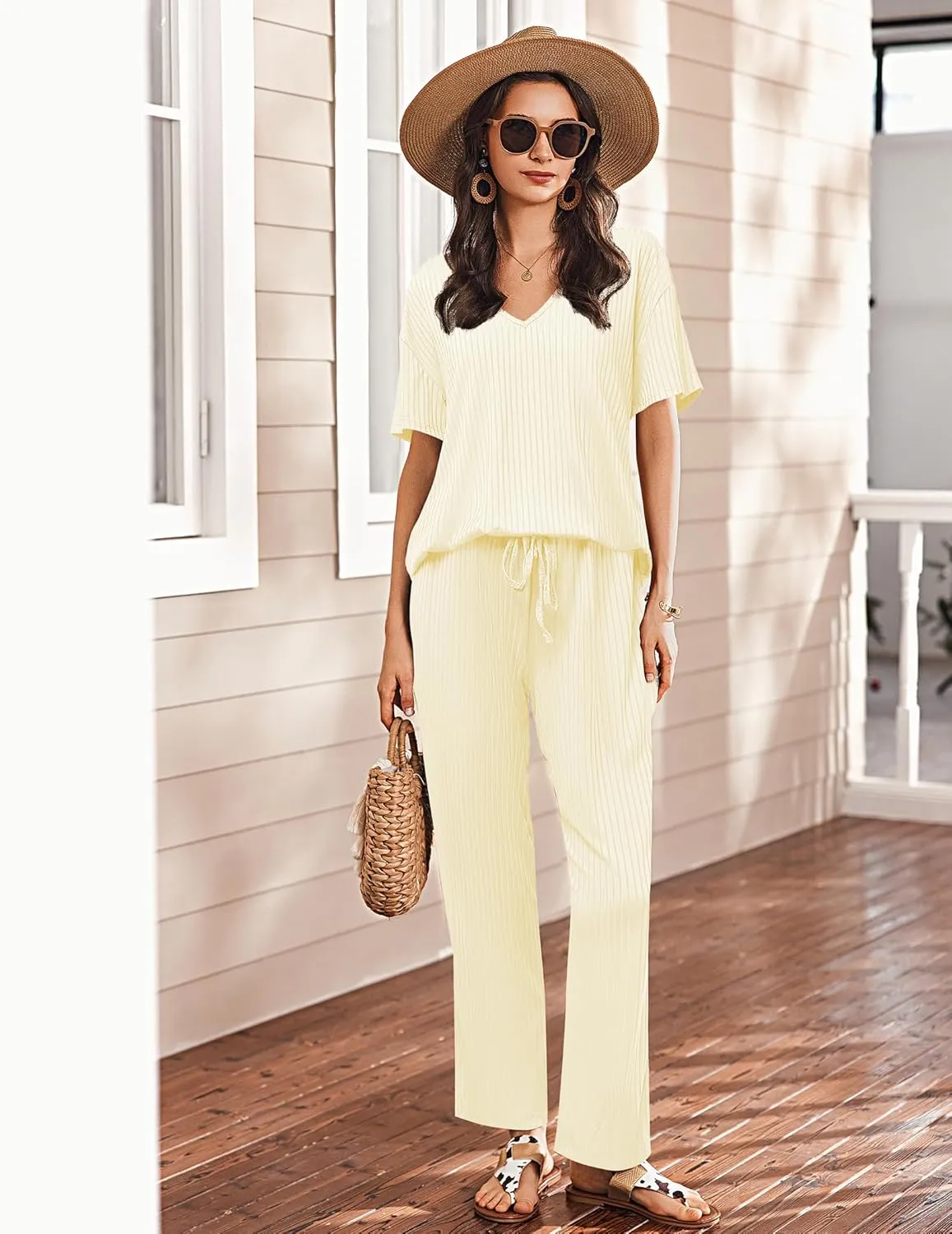 Ekouaer Women's 2 Piece Lounge Set Casual Summer Outfits Ribbed Short Sleeve & Wide Leg Pants Matching Set for Travel Home