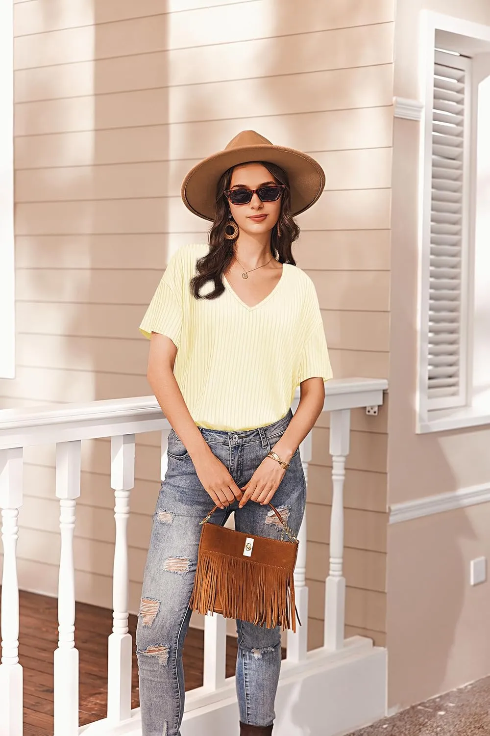 Ekouaer Women's 2 Piece Lounge Set Casual Summer Outfits Ribbed Short Sleeve & Wide Leg Pants Matching Set for Travel Home