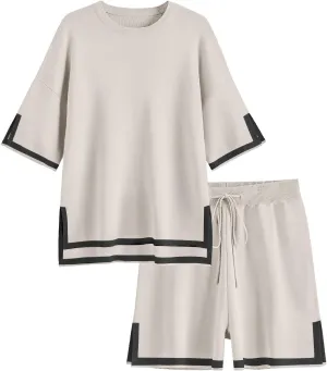 Ekouaer Womens Knit Lounge Set 2 Piece Sweater Sets Short Sleeve Sweatsuit Pullover Tops