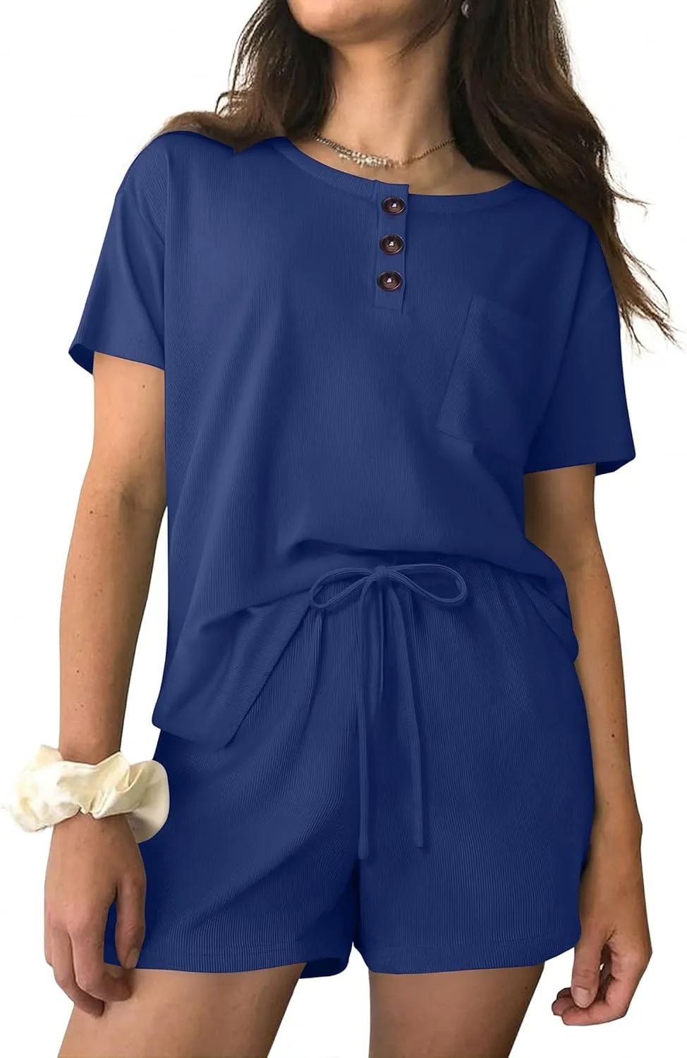 Ekouaer Womens Pajama Sets 2 Piece Ribbed Knit Pjs Short Sleeve Soft Sleepwear Summer Lounge Sets