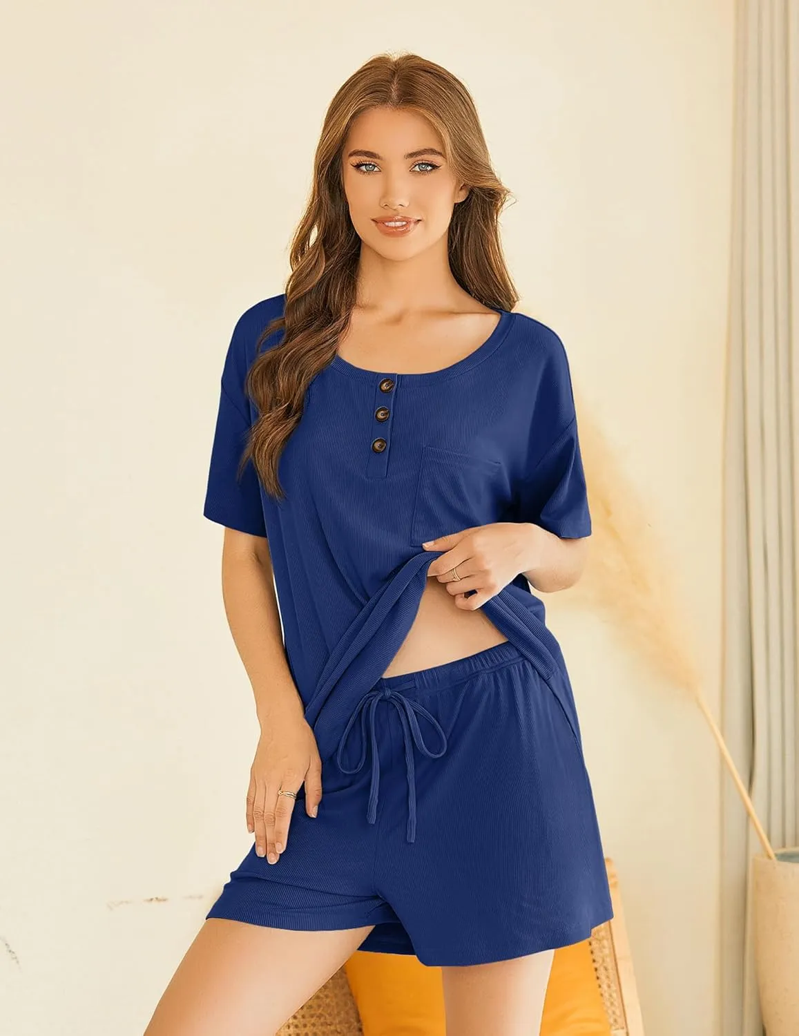 Ekouaer Womens Pajama Sets 2 Piece Ribbed Knit Pjs Short Sleeve Soft Sleepwear Summer Lounge Sets