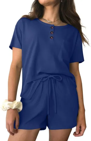 Ekouaer Womens Pajama Sets 2 Piece Ribbed Knit Pjs Short Sleeve Soft Sleepwear Summer Lounge Sets