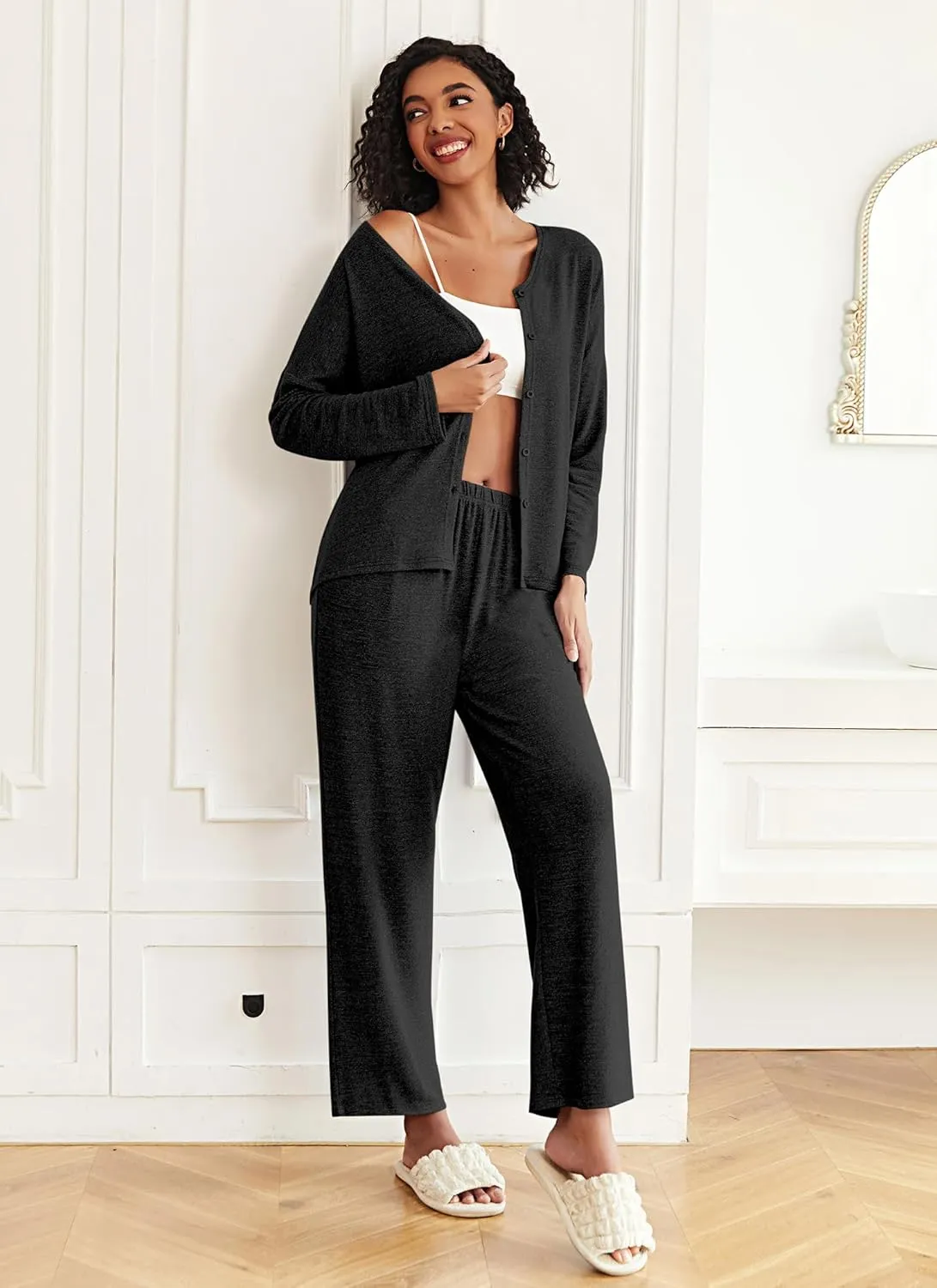 Ekouaer Womens Pajama Sets Button Up Long Sleeve Pjs Ribbed Knit Soft Lounge Set 2 Piece Sleepwear with Pockets