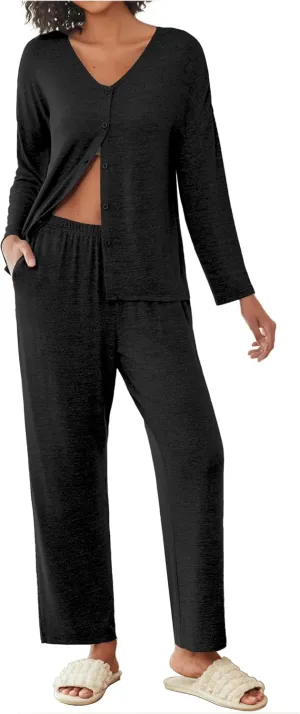 Ekouaer Womens Pajama Sets Button Up Long Sleeve Pjs Ribbed Knit Soft Lounge Set 2 Piece Sleepwear with Pockets