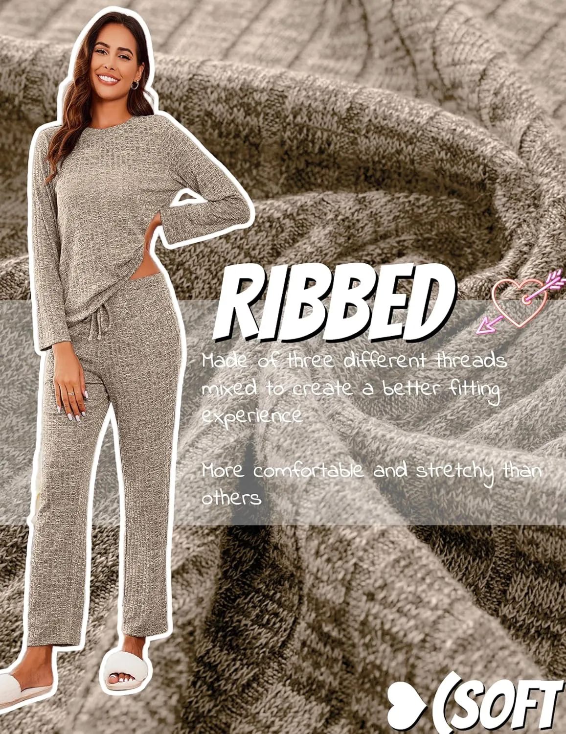 Ekouaer Womens Ribbed Knit Lounge Set Long Sleeve Top and Long Pants Sleepwear Pajama Set Two Piece Matching Set with Pockets