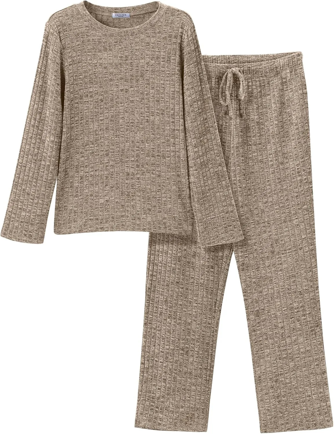 Ekouaer Womens Ribbed Knit Lounge Set Long Sleeve Top and Long Pants Sleepwear Pajama Set Two Piece Matching Set with Pockets
