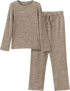 Ekouaer Womens Ribbed Knit Lounge Set Long Sleeve Top and Long Pants Sleepwear Pajama Set Two Piece Matching Set with Pockets