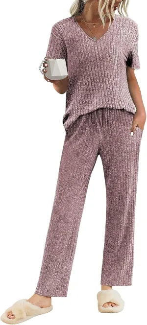 Ekouaer Womens Ribbed Knit Lounge Set Short Sleeve Top and Long Pants Sleepwear Pajama Set Two Piece Matching Outfits Set