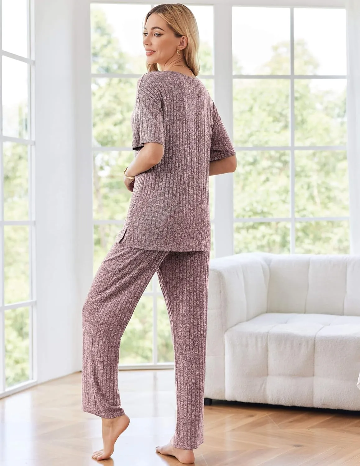 Ekouaer Womens Ribbed Knit Lounge Set Short Sleeve Top and Long Pants Sleepwear Pajama Set Two Piece Matching Outfits Set