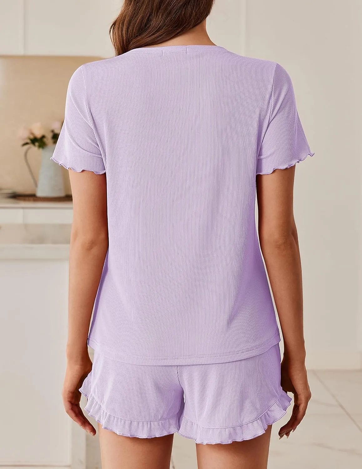 Ekouaer Womens Ribbed Knit Pajama Sets 2 Piece Short Sleeve Pjs Cute Pajamas Ruffle Lounge Sets Soft Sleepwear Set S-XXL
