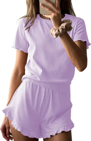 Ekouaer Womens Ribbed Knit Pajama Sets 2 Piece Short Sleeve Pjs Cute Pajamas Ruffle Lounge Sets Soft Sleepwear Set S-XXL