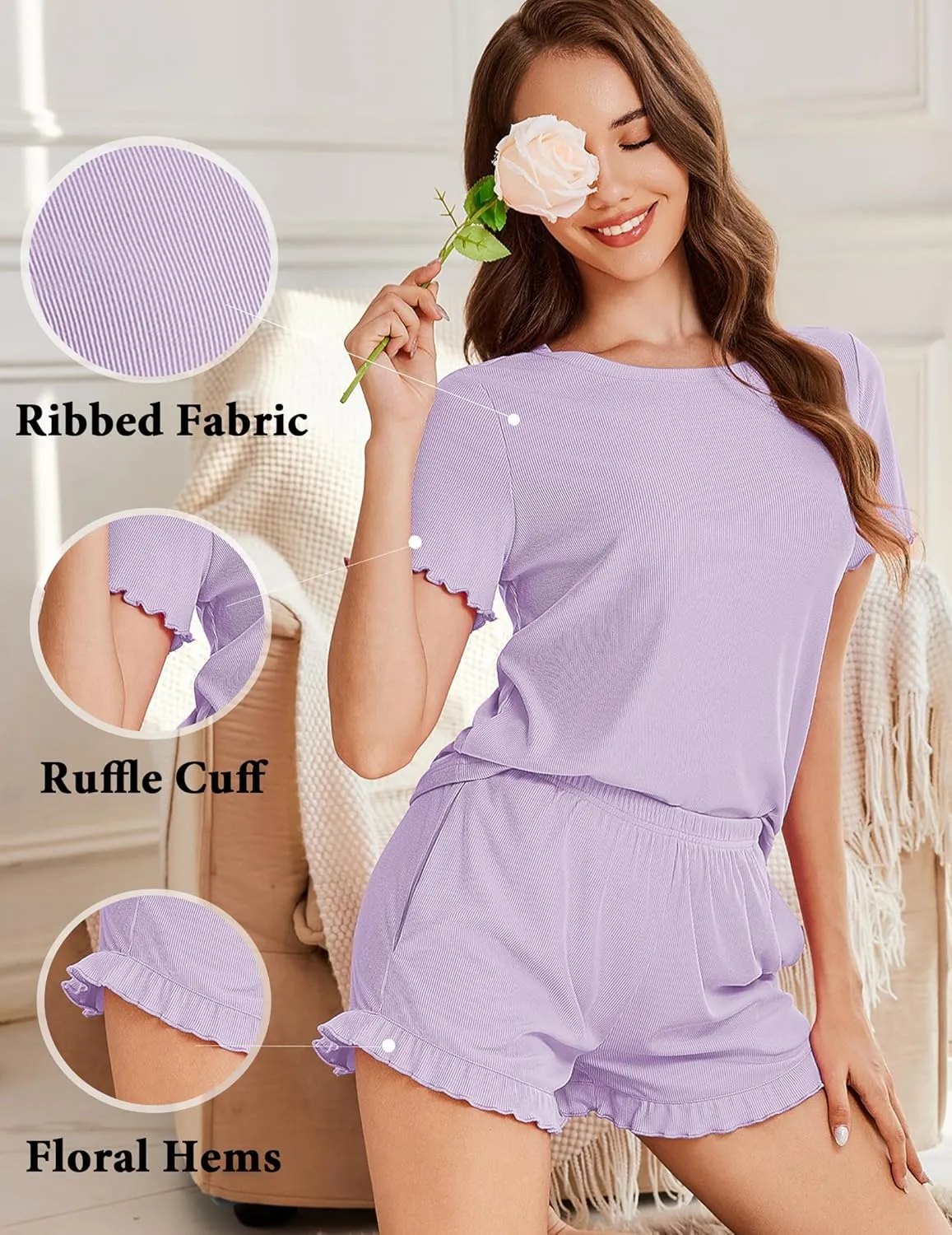 Ekouaer Womens Ribbed Knit Pajama Sets 2 Piece Short Sleeve Pjs Cute Pajamas Ruffle Lounge Sets Soft Sleepwear Set S-XXL