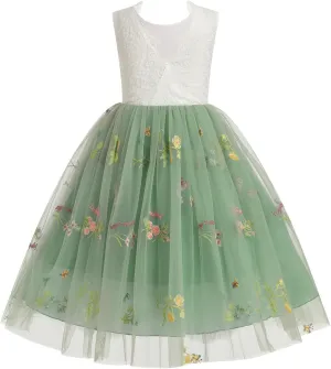 Flower Girl Dress Princess Sleeveless Floral Embroidered Kids Summer Wedding Pageant Birthday Tutu Tulle Dress