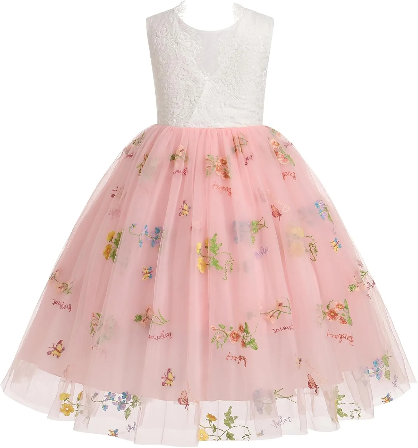 Flower Girl Dress Princess Sleeveless Floral Embroidered Kids Summer Wedding Pageant Birthday Tutu Tulle Dress