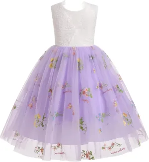 Flower Girl Dress Princess Sleeveless Floral Embroidered Kids Summer Wedding Pageant Birthday Tutu Tulle Dress