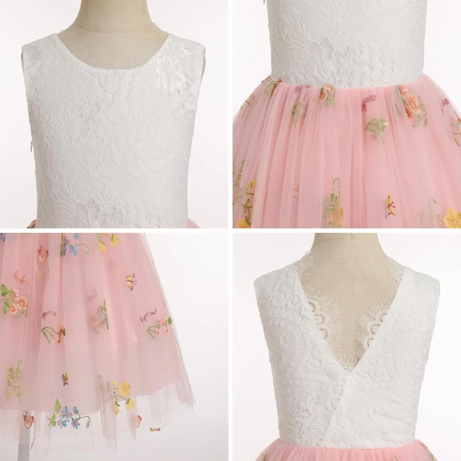 Flower Girl Dress Princess Sleeveless Floral Embroidered Kids Summer Wedding Pageant Birthday Tutu Tulle Dress