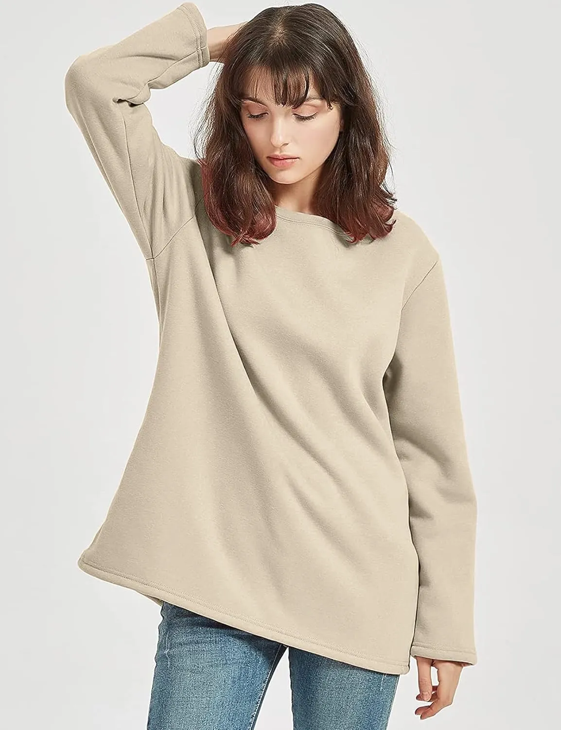 Flygo Women's Winter Warm Sherpa Lined Fleece Crewneck Sweatshirt Pullover Loungewear Tunic Tops