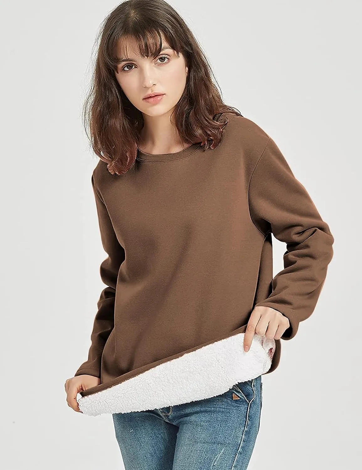 Flygo Women's Winter Warm Sherpa Lined Fleece Crewneck Sweatshirt Pullover Loungewear Tunic Tops