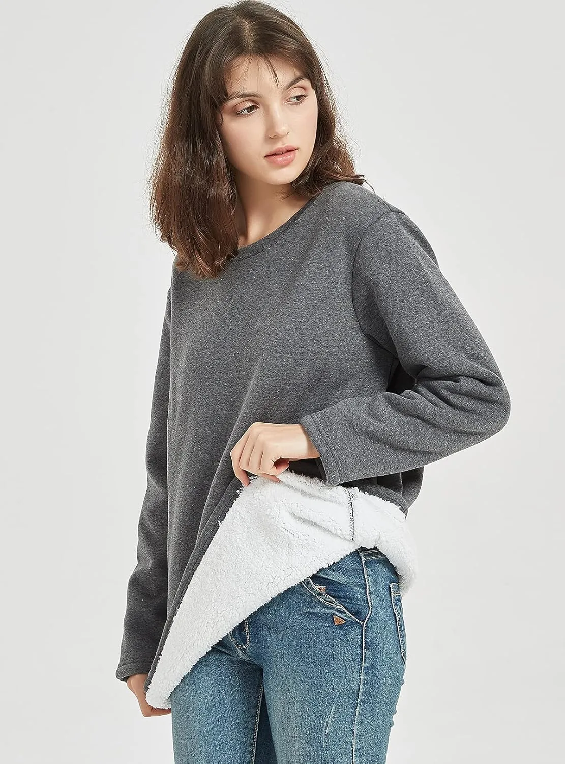 Flygo Women's Winter Warm Sherpa Lined Fleece Crewneck Sweatshirt Pullover Loungewear Tunic Tops