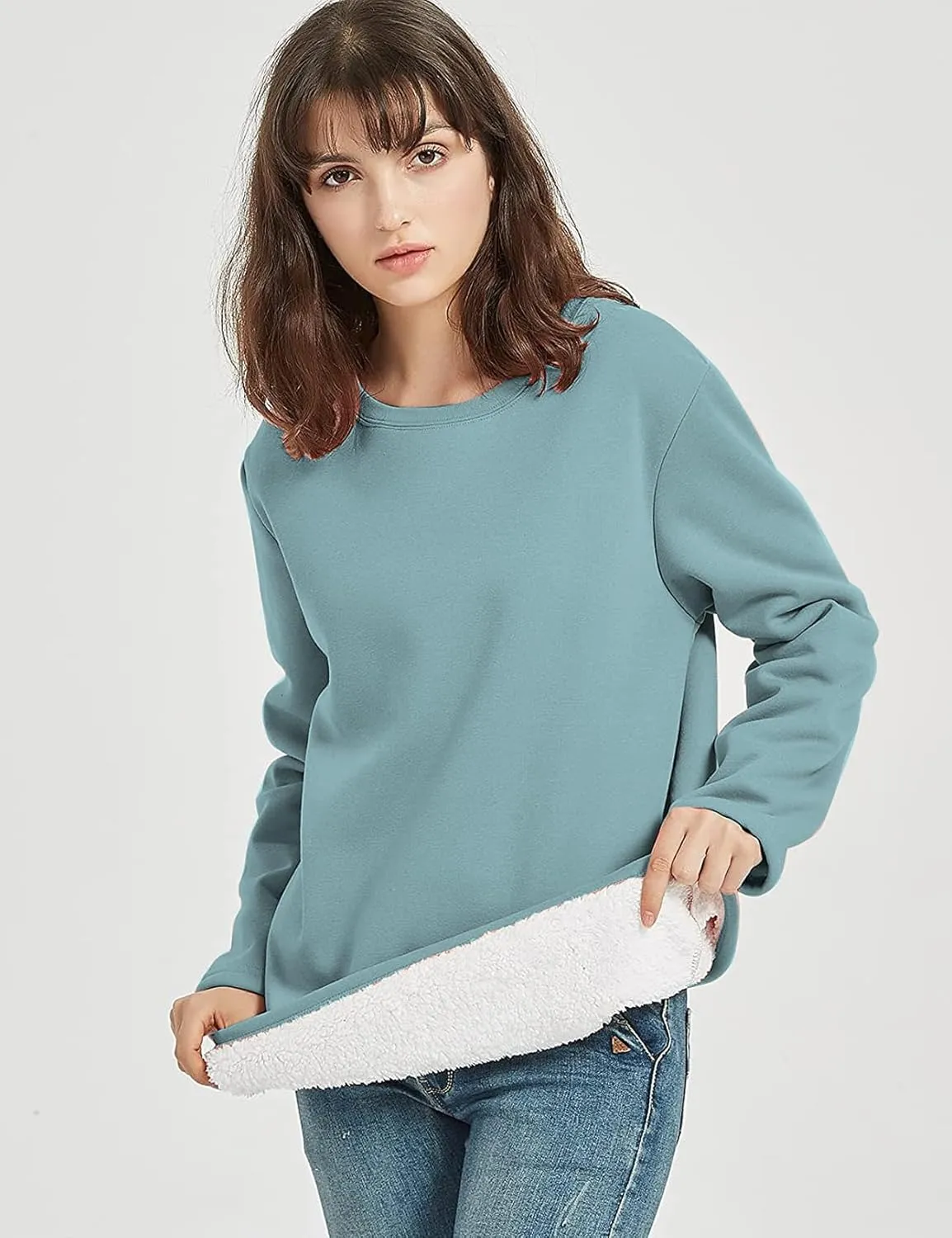 Flygo Women's Winter Warm Sherpa Lined Fleece Crewneck Sweatshirt Pullover Loungewear Tunic Tops