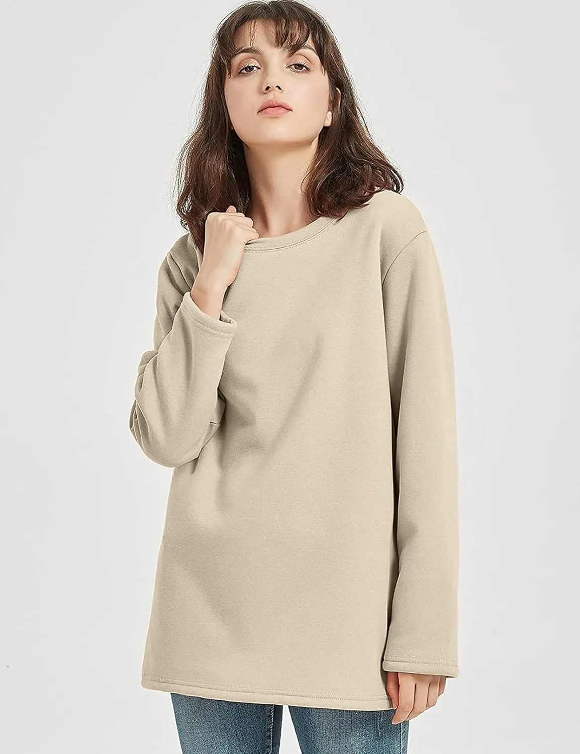 Flygo Women's Winter Warm Sherpa Lined Fleece Crewneck Sweatshirt Pullover Loungewear Tunic Tops