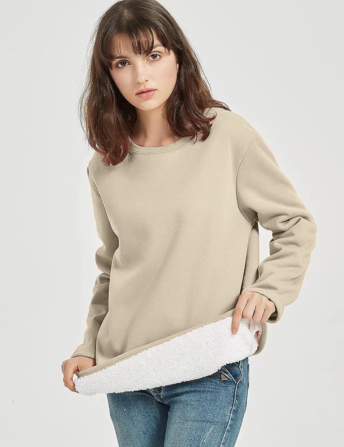 Flygo Women's Winter Warm Sherpa Lined Fleece Crewneck Sweatshirt Pullover Loungewear Tunic Tops