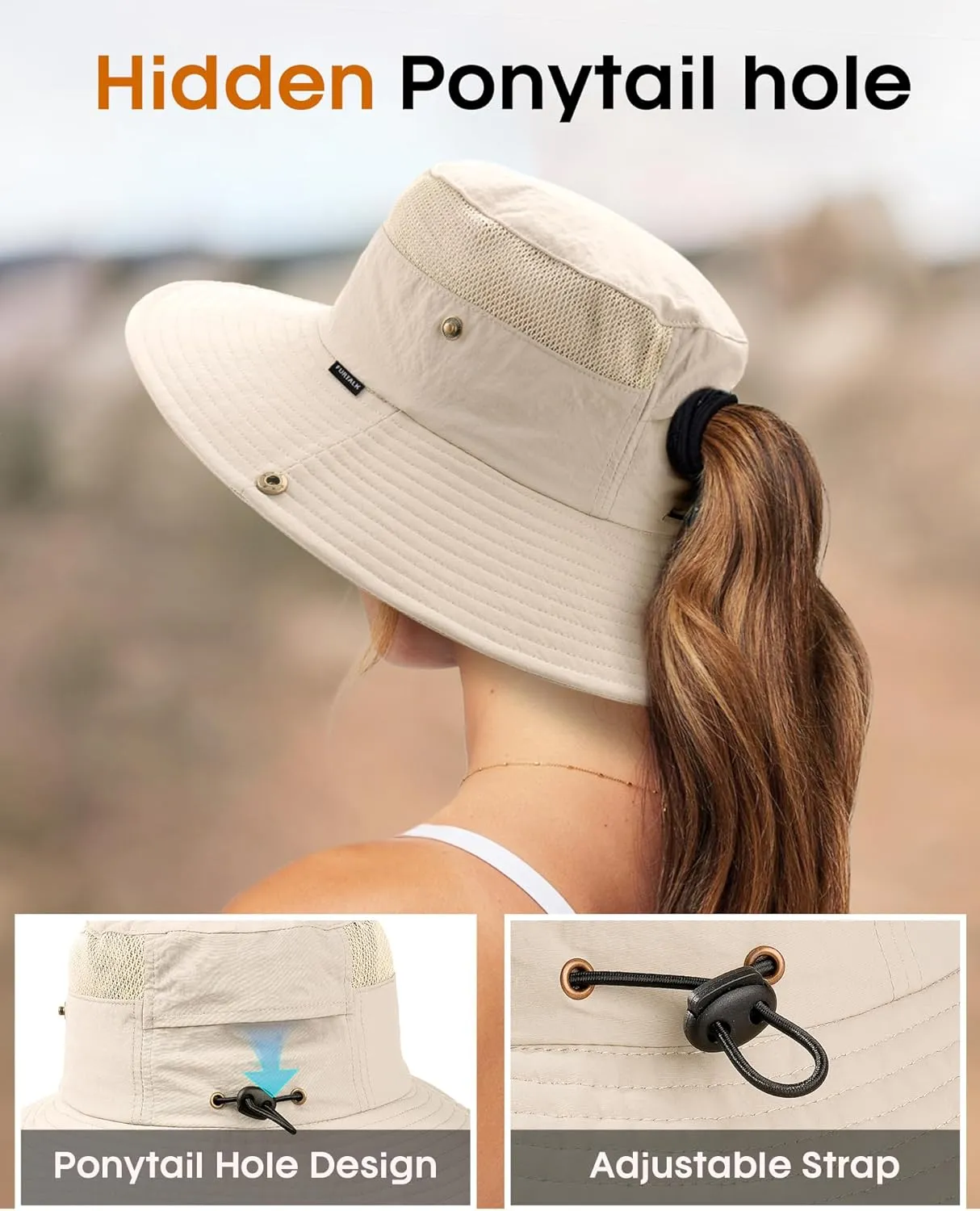 FURTALK Sun Hats for Women with Ponytail Hole Beach Hiking Summer Wide Brim Outdoor UV Protection Packable Bucket Safari Hat