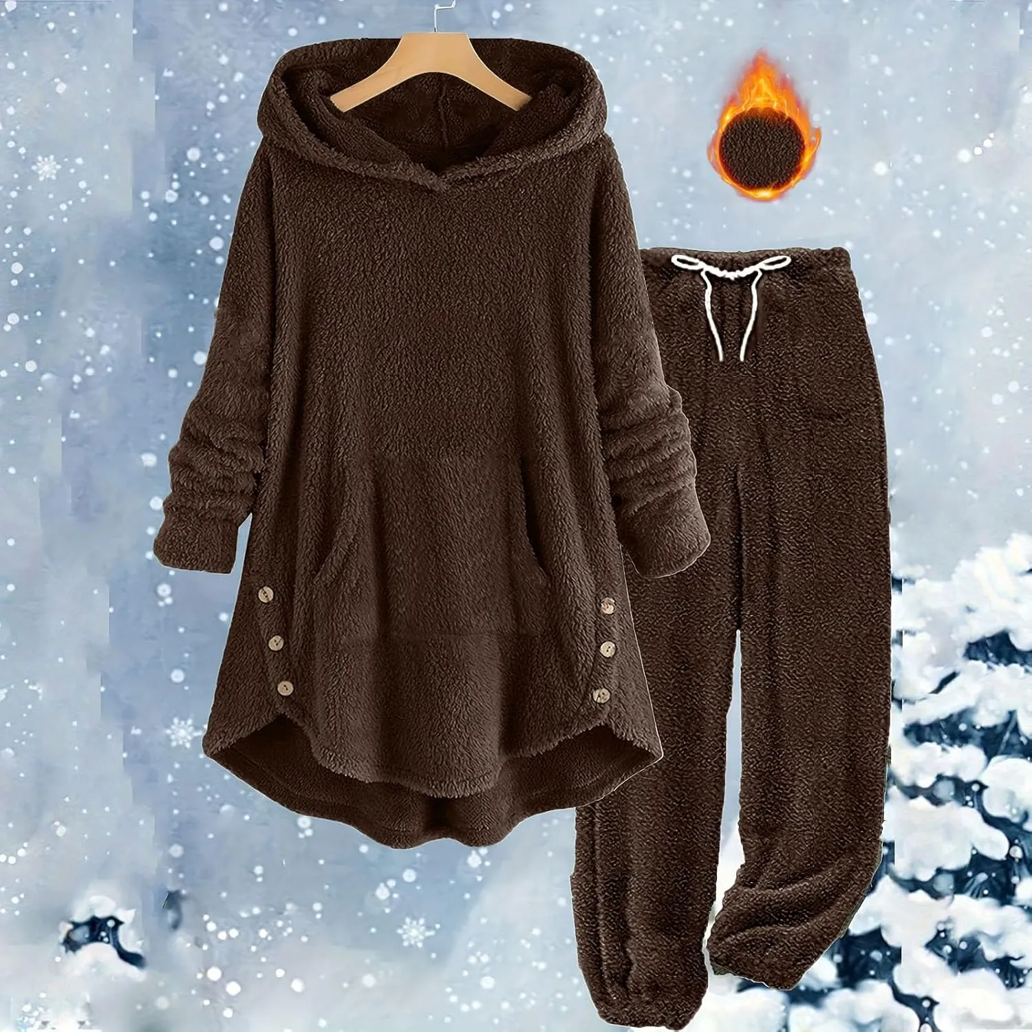 Fuzzy Pajamas Set for Women Winter Warm Fluffy Plush Sleepwear Plus Size Sherpa Hoodie Tops and Drawstring Pants