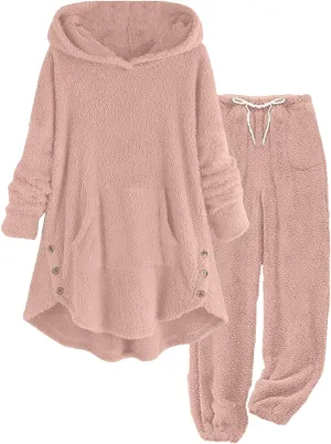 Fuzzy Pajamas Set for Women Winter Warm Fluffy Plush Sleepwear Plus Size Sherpa Hoodie Tops and Drawstring Pants