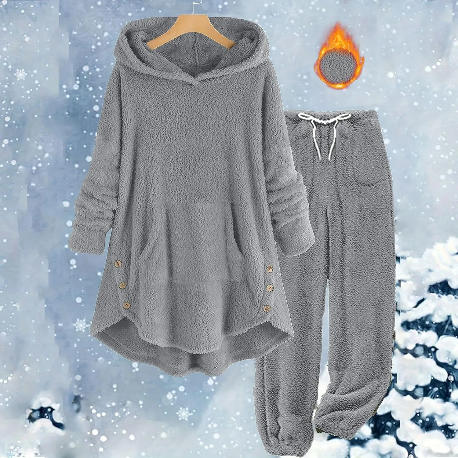 Fuzzy Pajamas Set for Women Winter Warm Fluffy Plush Sleepwear Plus Size Sherpa Hoodie Tops and Drawstring Pants