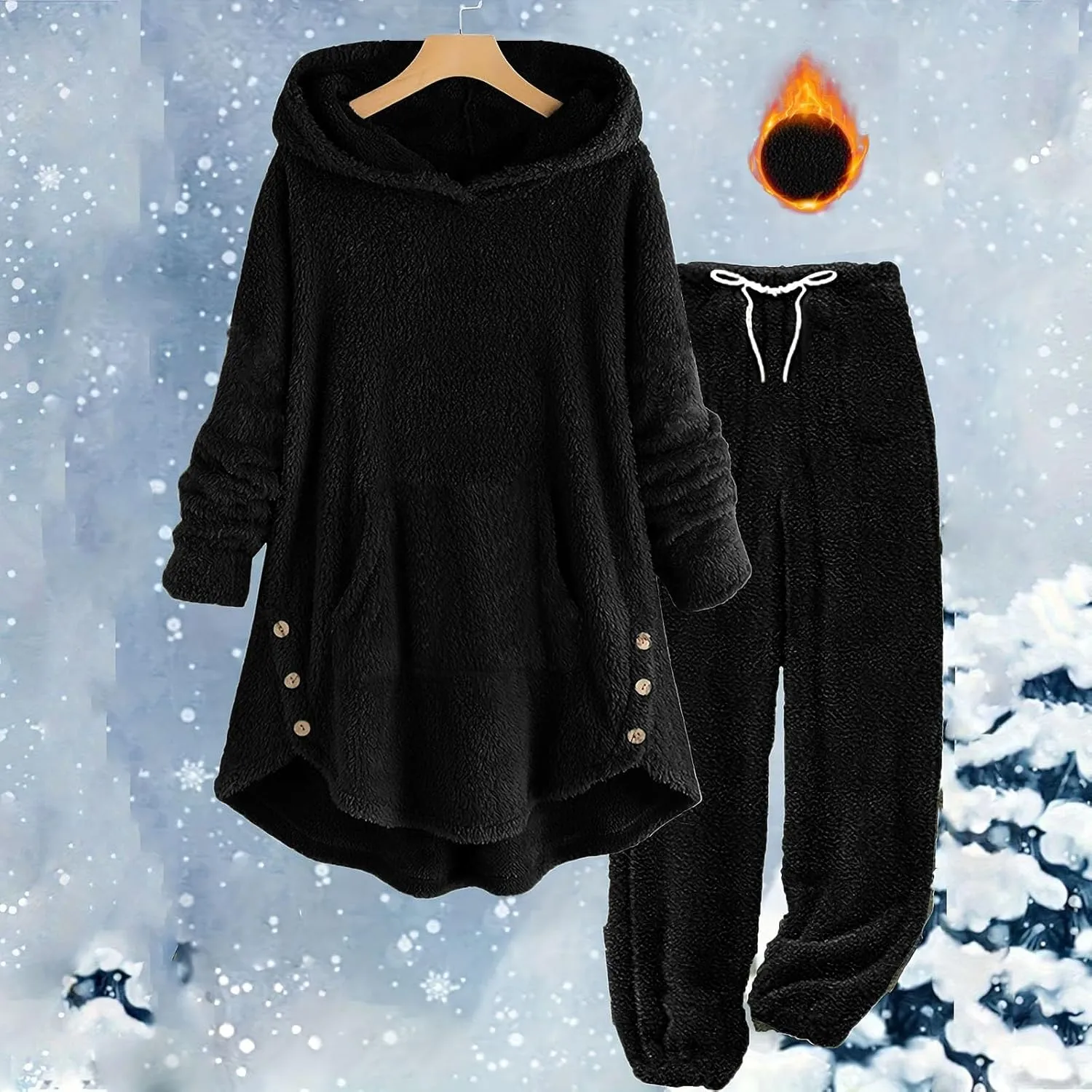 Fuzzy Pajamas Set for Women Winter Warm Fluffy Plush Sleepwear Plus Size Sherpa Hoodie Tops and Drawstring Pants