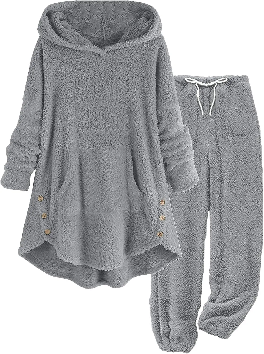 Fuzzy Pajamas Set for Women Winter Warm Fluffy Plush Sleepwear Plus Size Sherpa Hoodie Tops and Drawstring Pants