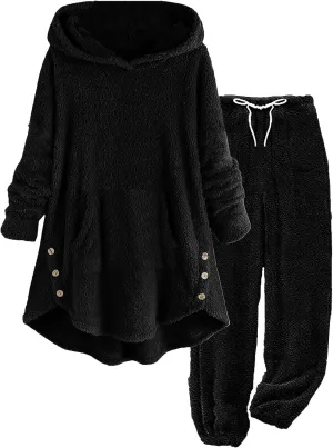 Fuzzy Pajamas Set for Women Winter Warm Fluffy Plush Sleepwear Plus Size Sherpa Hoodie Tops and Drawstring Pants
